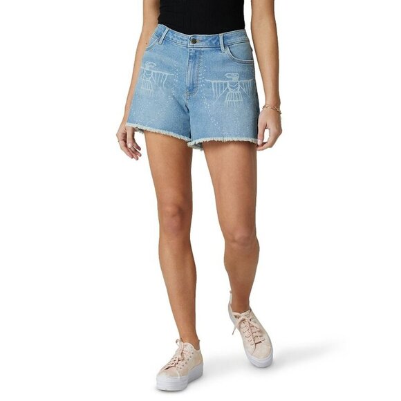 Wrangler High Rise Cut Off Denim Jean Shorts Faded Falcon Print Size 14/32 - Picture 1 of 9